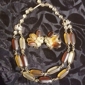 c1950-60 Frosted Oblong Beaded Amber Glass Hues + Cluster Earrings W Germany